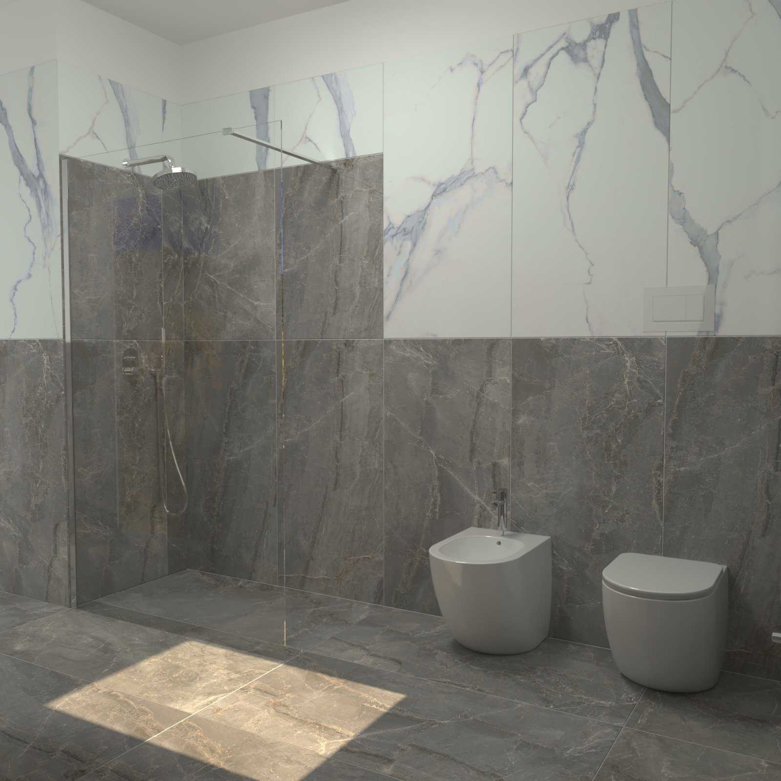 Doccia walk-in con rivestimenti effetto marmo grigio